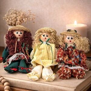 Vintage Handmade Rag Dolls Hand Painted Lot of 3 Seasonal Country Dolls 10”